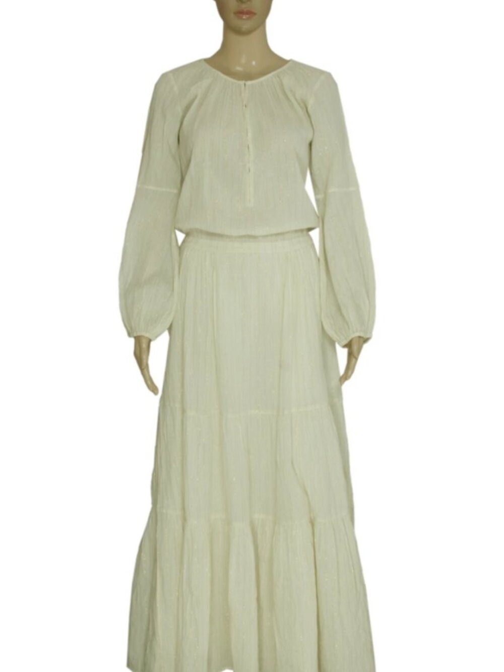 Jolie Jolie Petits Soirs Lurex Striped Long Sleeve Ivory Maxi Dress XS